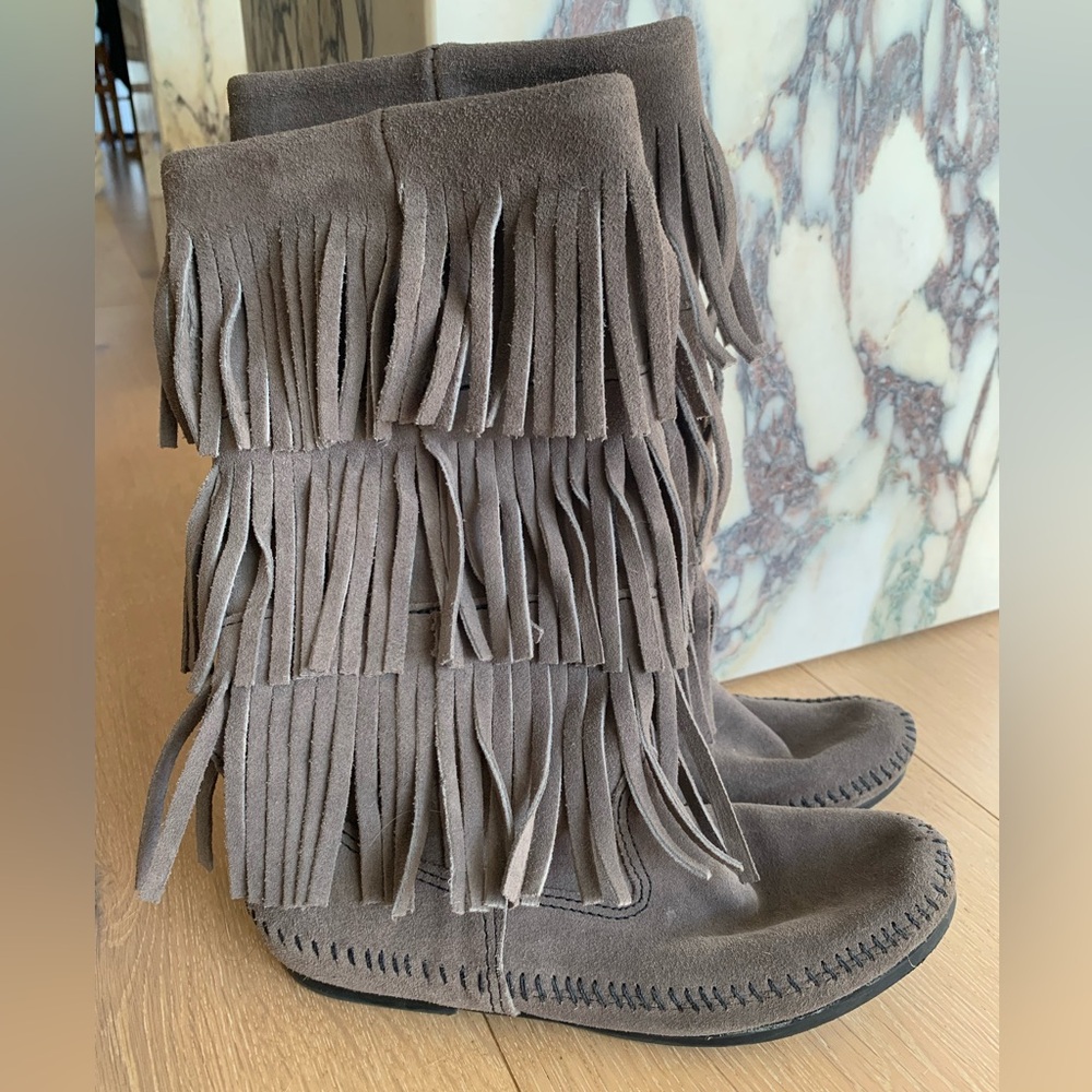 Grey Minnetonka Fringe Suede Boots